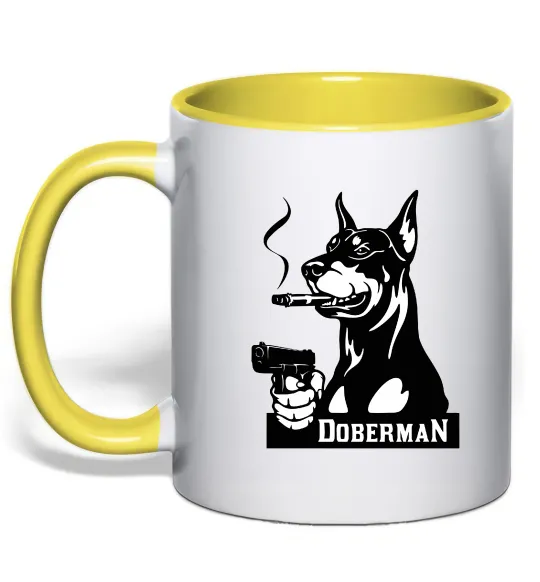Чашка с цветной ручкой Doberman with gun Лимонный фото