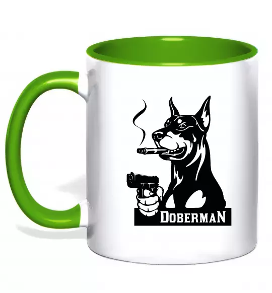 Чашка с цветной ручкой Doberman with gun Зеленый фото
