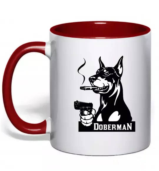 Чашка с цветной ручкой Doberman with gun Красный фото