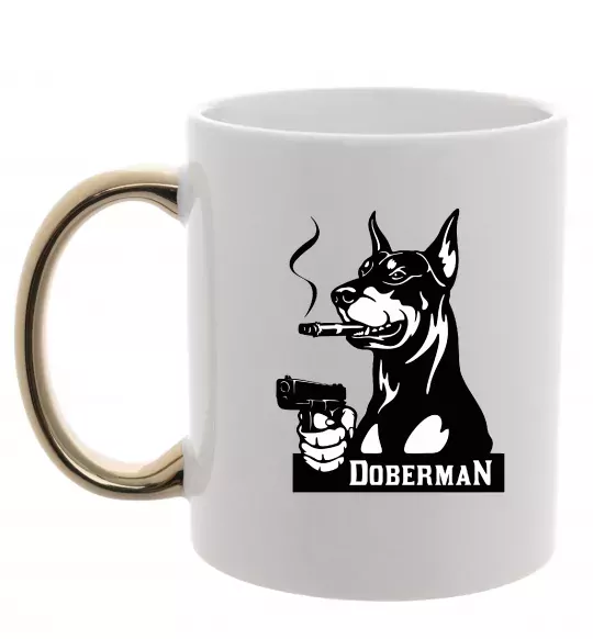 Чашка с цветной ручкой Doberman with gun Золото фото
