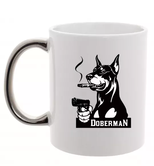 Чашка с цветной ручкой Doberman with gun Серебро фото