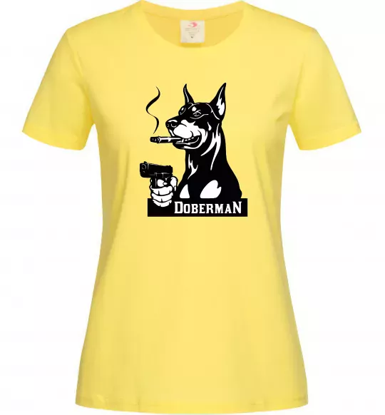 Женская футболка Doberman with gun Лимонный фото