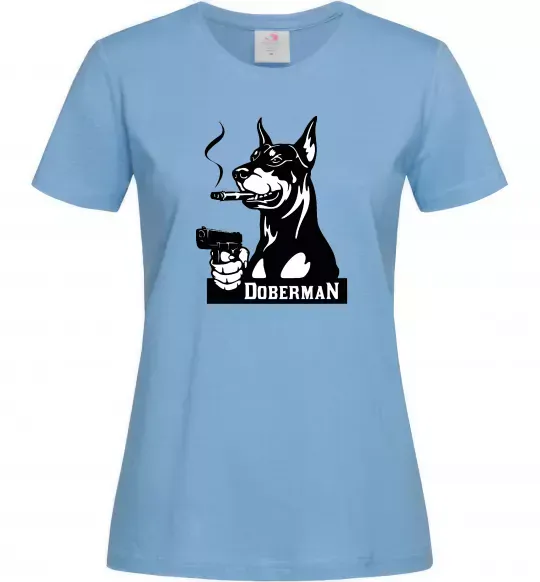 Женская футболка Doberman with gun Голубой фото