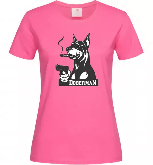 Женская футболка Doberman with gun Ярко-розовый фото