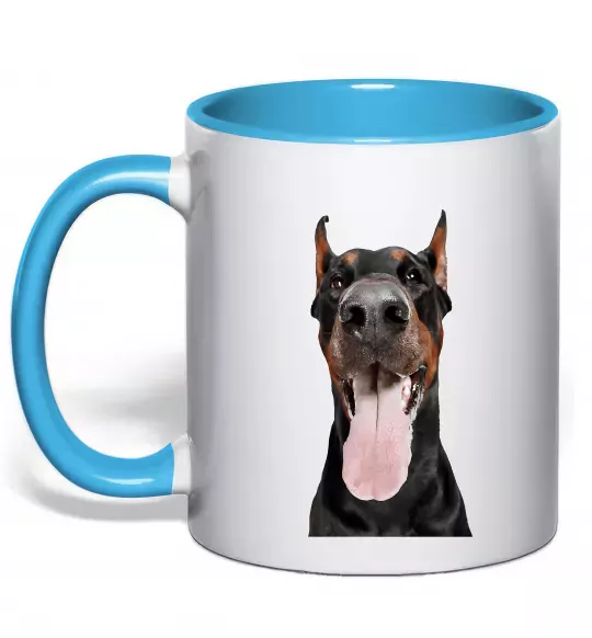Чашка с цветной ручкой Doberman tongue Голубой фото