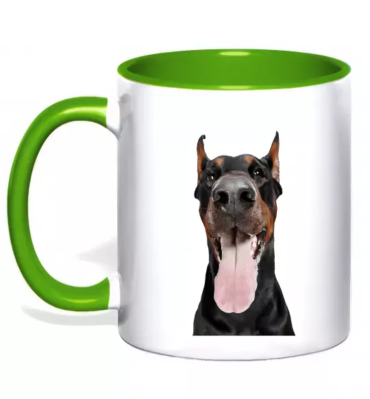 Чашка с цветной ручкой Doberman tongue Зеленый фото