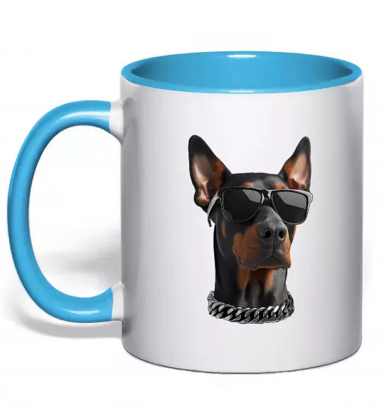 Чашка с цветной ручкой Doberman sunglasses Голубой фото