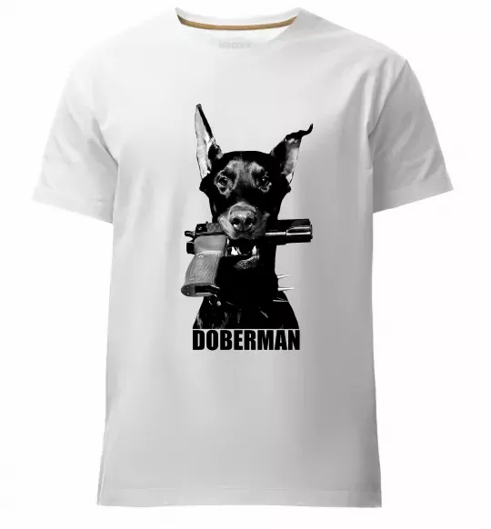 Чоловіча преміум футболка Doberman with gun Білий фото