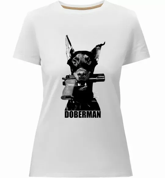 Женская премиум футболка Doberman with gun Белый фото