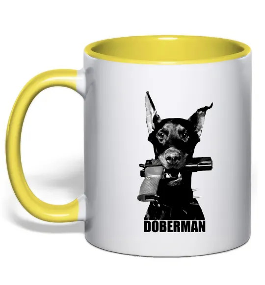 Чашка з кольоровою ручкою Doberman with gun Лимонний фото