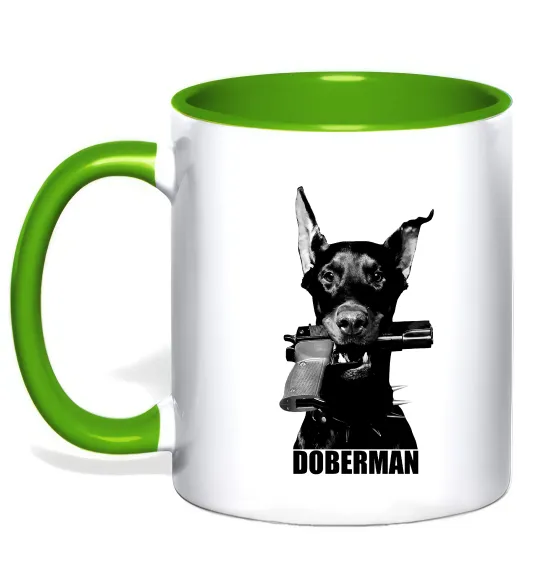 Чашка з кольоровою ручкою Doberman with gun Лаймовий фото