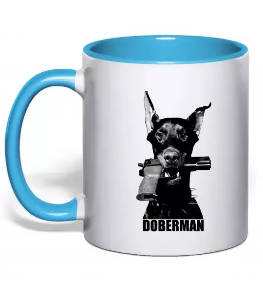 Чашка с цветной ручкой Doberman with gun Голубой фото