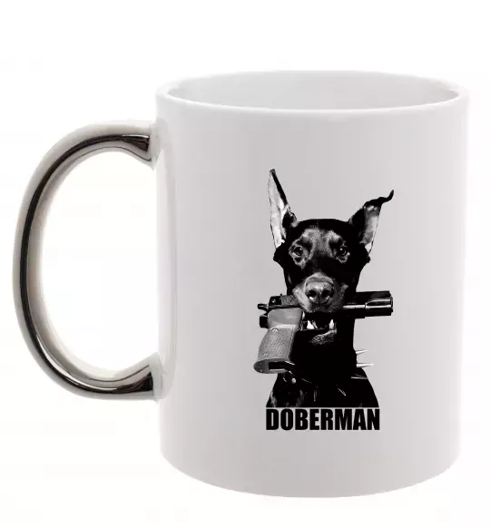 Чашка с цветной ручкой Doberman with gun Серебро фото