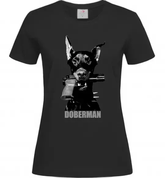 Жіноча футболка Doberman with gun Чорний фото