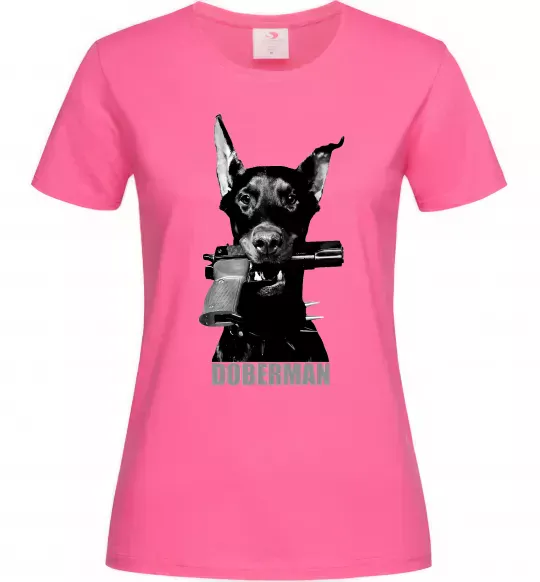 Жіноча футболка Doberman with gun Яскраво-рожевий фото