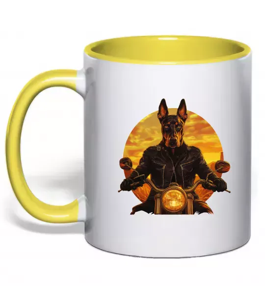 Чашка з кольоровою ручкою Doberman biker Сонячно жовтий фото