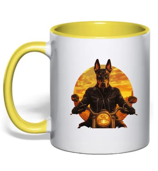Чашка с цветной ручкой Doberman biker Лимонный фото