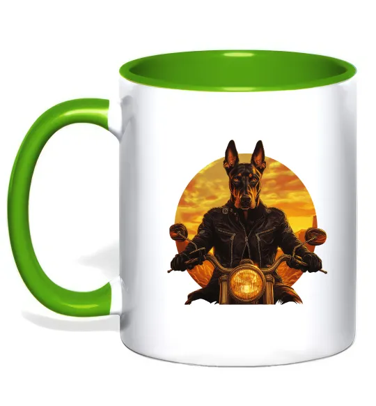 Чашка с цветной ручкой Doberman biker Лаймовый фото