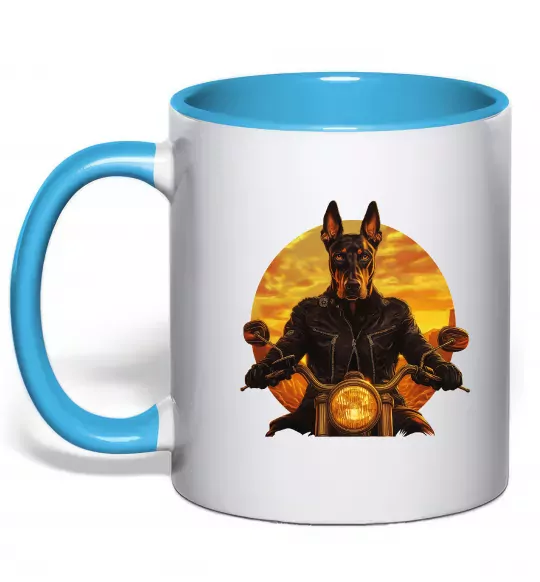 Чашка з кольоровою ручкою Doberman biker Блакитний фото