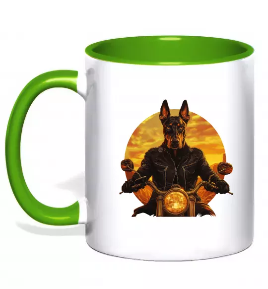 Чашка з кольоровою ручкою Doberman biker Зелений фото