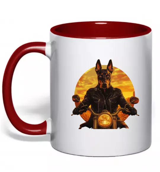Чашка з кольоровою ручкою Doberman biker Червоний фото