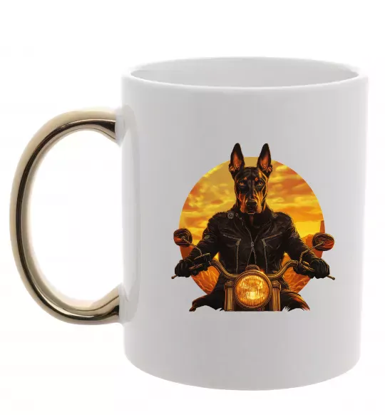 Чашка з кольоровою ручкою Doberman biker Золото фото