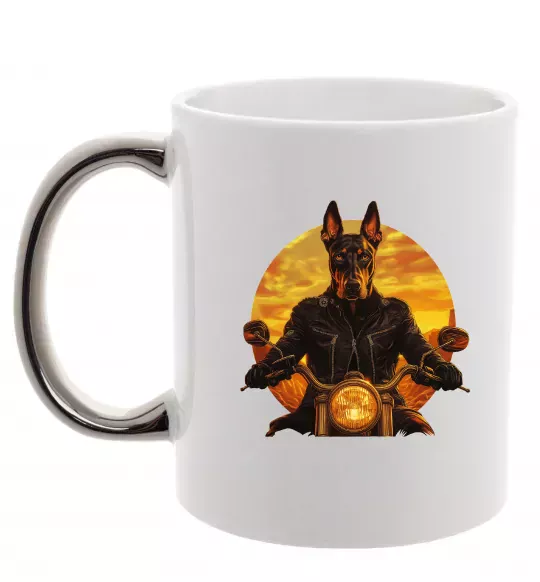 Чашка з кольоровою ручкою Doberman biker Срібло фото