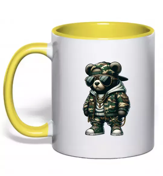 Чашка з кольоровою ручкою Ведмедик в камуфляжі Сонячно жовтий фото