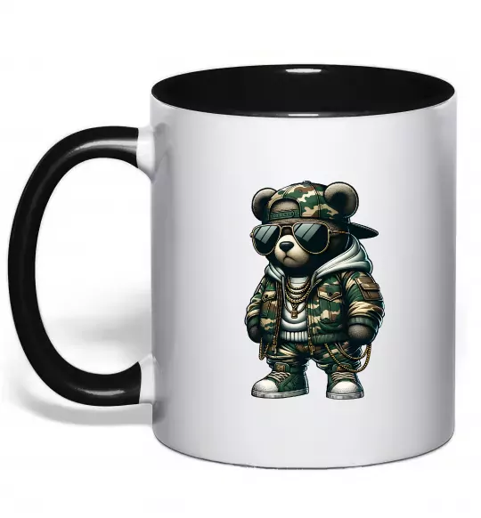 Чашка з кольоровою ручкою Ведмедик в камуфляжі Чорний фото