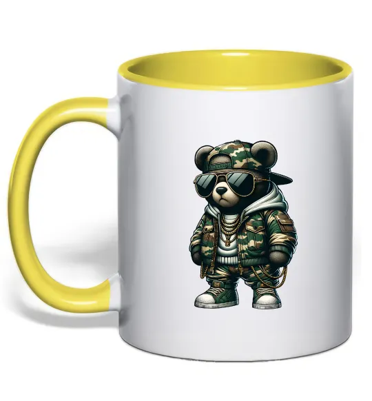 Чашка з кольоровою ручкою Ведмедик в камуфляжі Лимонний фото