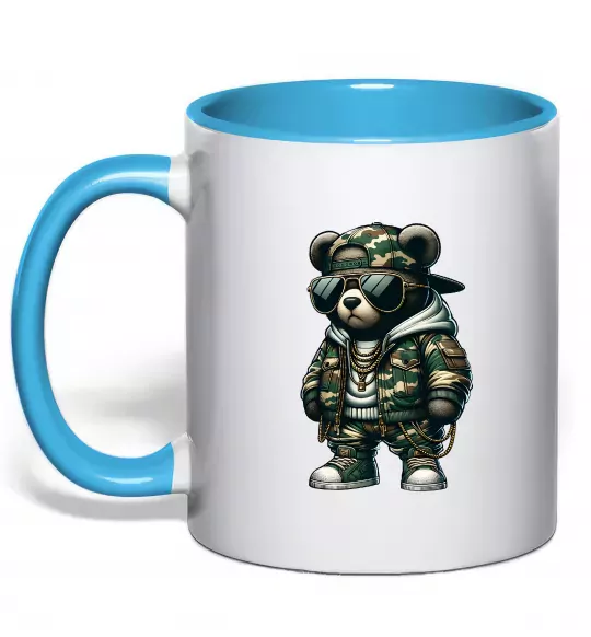 Чашка з кольоровою ручкою Ведмедик в камуфляжі Блакитний фото