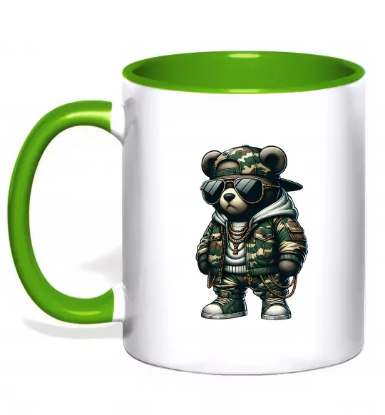 Чашка з кольоровою ручкою Ведмедик в камуфляжі Зелений фото