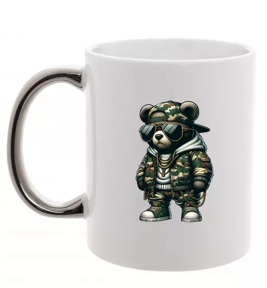 Чашка з кольоровою ручкою Ведмедик в камуфляжі Срібло фото