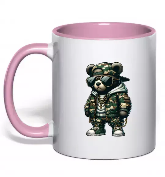 Чашка з кольоровою ручкою Ведмедик в камуфляжі Ніжно рожевий фото