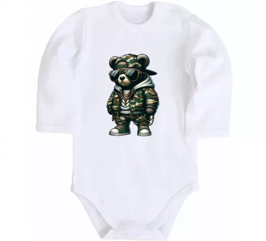 Дитячий бодік Ведмедик в камуфляжі Білий фото