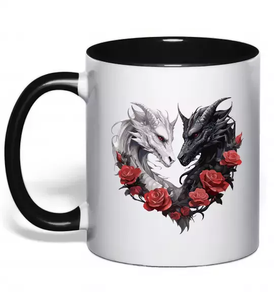 Чашка с цветной ручкой Чорний та білий дракони в трояндах Черный фото