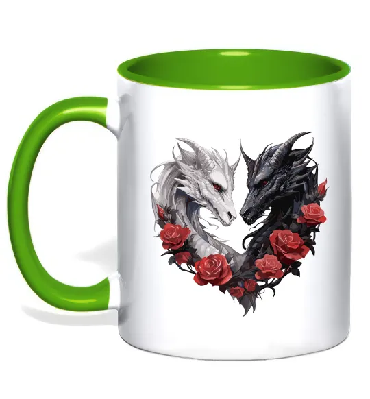 Чашка с цветной ручкой Чорний та білий дракони в трояндах Лаймовый фото