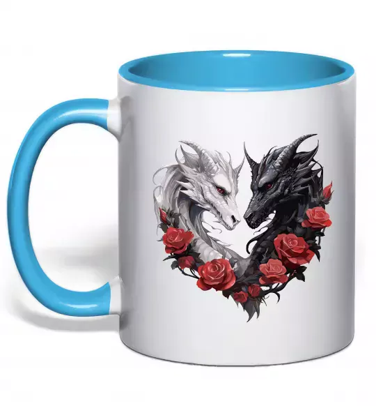 Чашка с цветной ручкой Чорний та білий дракони в трояндах Голубой фото