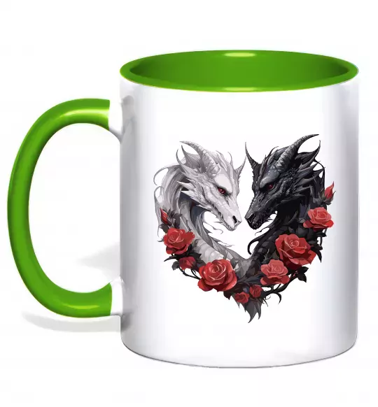 Чашка с цветной ручкой Чорний та білий дракони в трояндах Зеленый фото