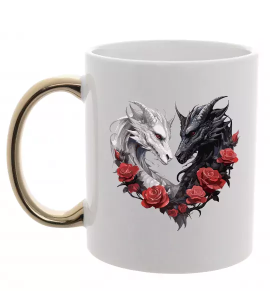 Чашка с цветной ручкой Чорний та білий дракони в трояндах Золото фото