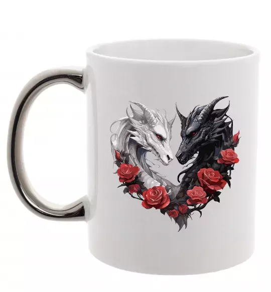 Чашка с цветной ручкой Чорний та білий дракони в трояндах Серебро фото