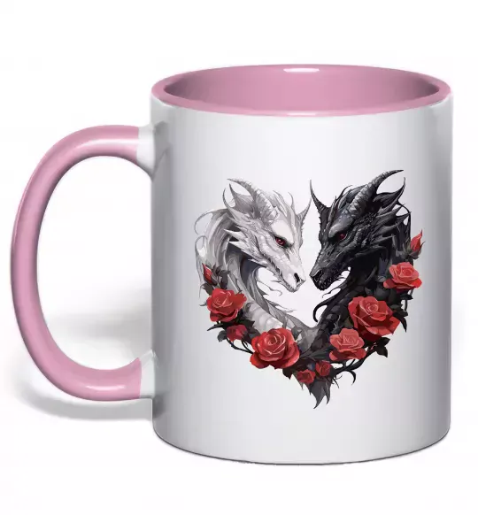 Чашка с цветной ручкой Чорний та білий дракони в трояндах Нежно розовый фото