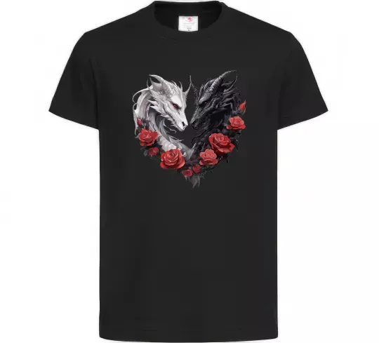 Детская футболка Чорний та білий дракони в трояндах Черный фото