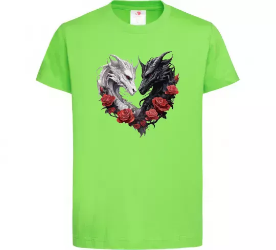 Детская футболка Чорний та білий дракони в трояндах Лаймовый фото