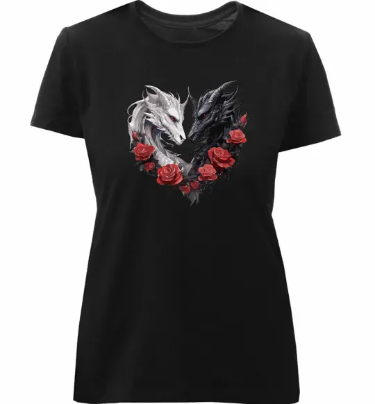 Женская премиум футболка Чорний та білий дракони в трояндах Черный фото