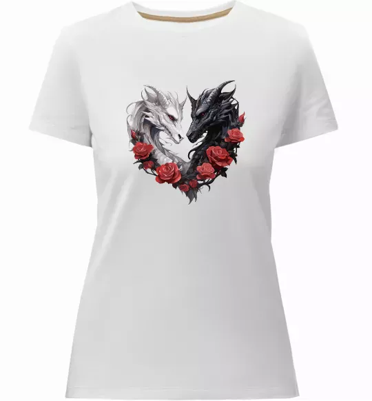 Женская премиум футболка Чорний та білий дракони в трояндах Белый фото