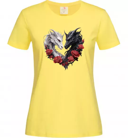 Женская футболка Чорний та білий дракони в трояндах Лимонный фото
