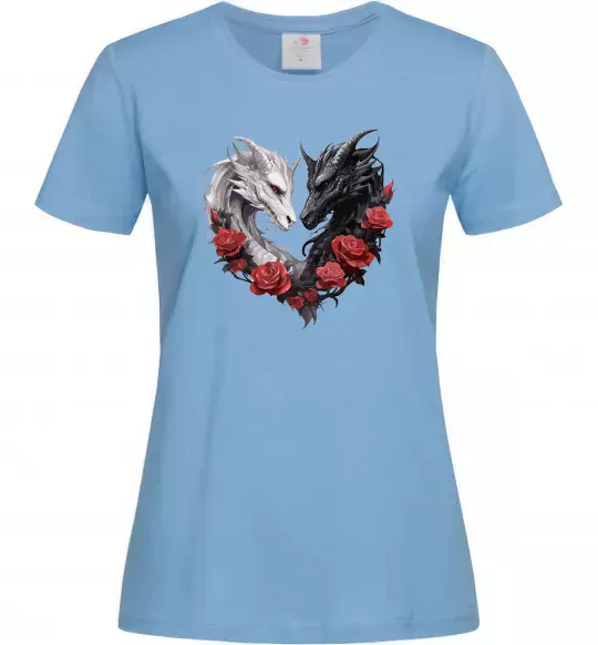 Женская футболка Чорний та білий дракони в трояндах Голубой фото