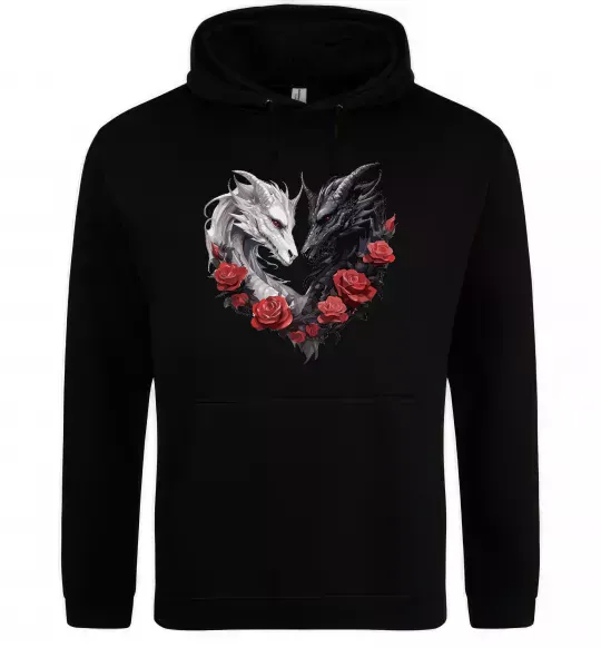 Чоловіча толстовка (худі) Чорний та білий дракони в трояндах Чорний фото