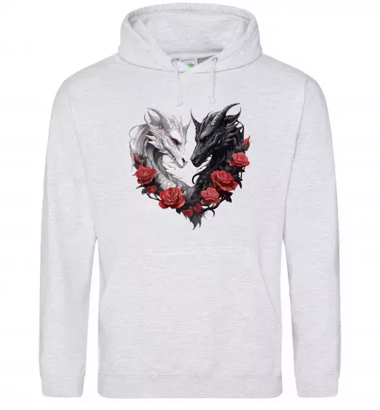 Чоловіча толстовка (худі) Чорний та білий дракони в трояндах Сірий меланж фото